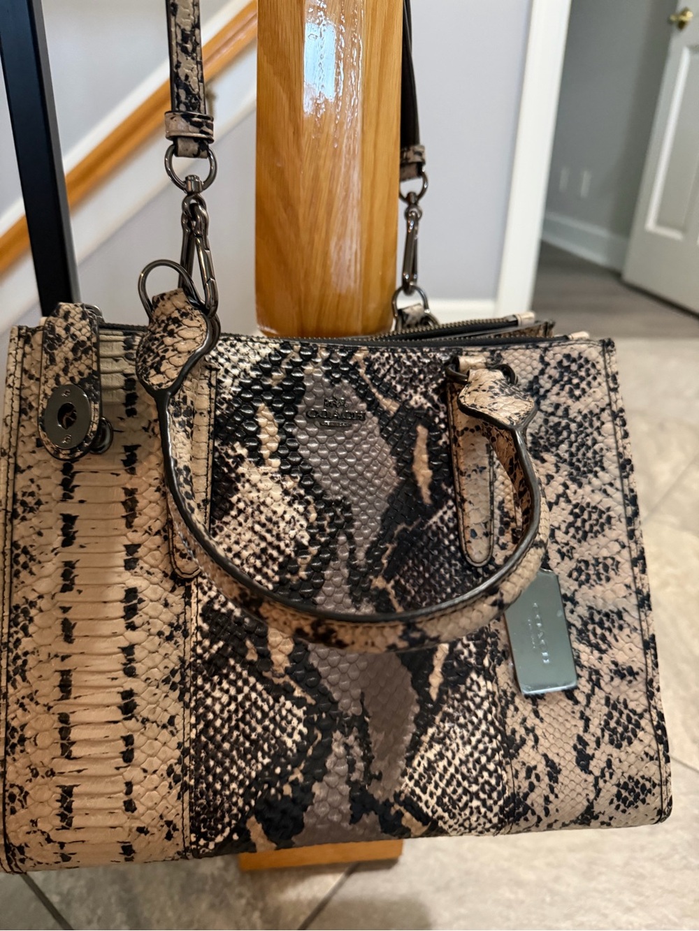 Coach Snakeskin Print Crossbody Tote in Beige Black - Picture 2 of 10